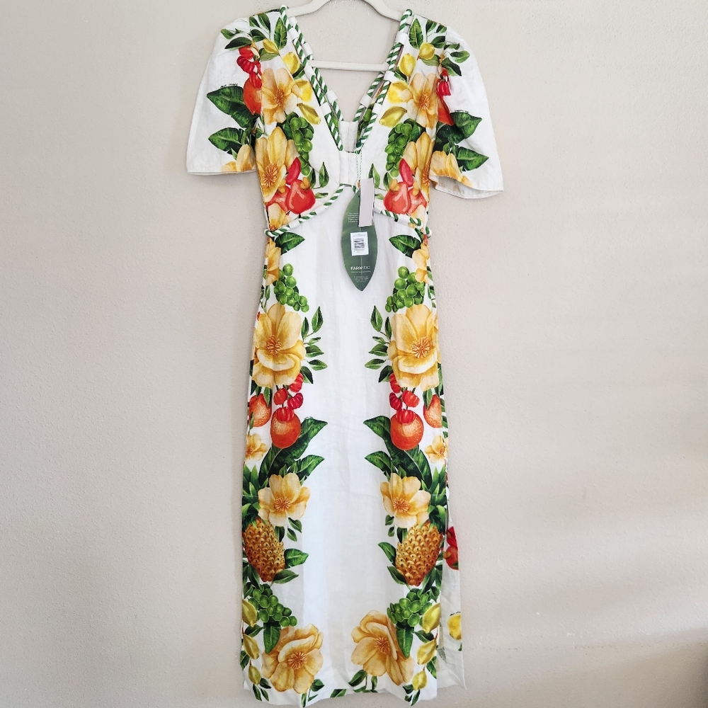 Farm Rio Linen Picnic Flowers Maxi Dress Size XXS NWT Off White $298 - Picture 2 of 14
